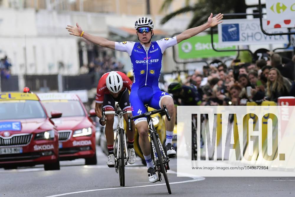 Paris - Nice 2017 - stage 8 NICE, FRANCE - MARCH 12 : DE LA CRUZ MELGAREJO David (ESP) Rider of Quick-Step Floors Cycling team celebrates winning in front of CONTADOR Alberto (ESP) Rider of Trek - Segafredo during stage 08 of the 75th edition of the Paris - Nice cycling race, a stage of 115,5 km with start and finish in Nice on March 12, 2017 in Nice, France, 12 03 2017 Nice France