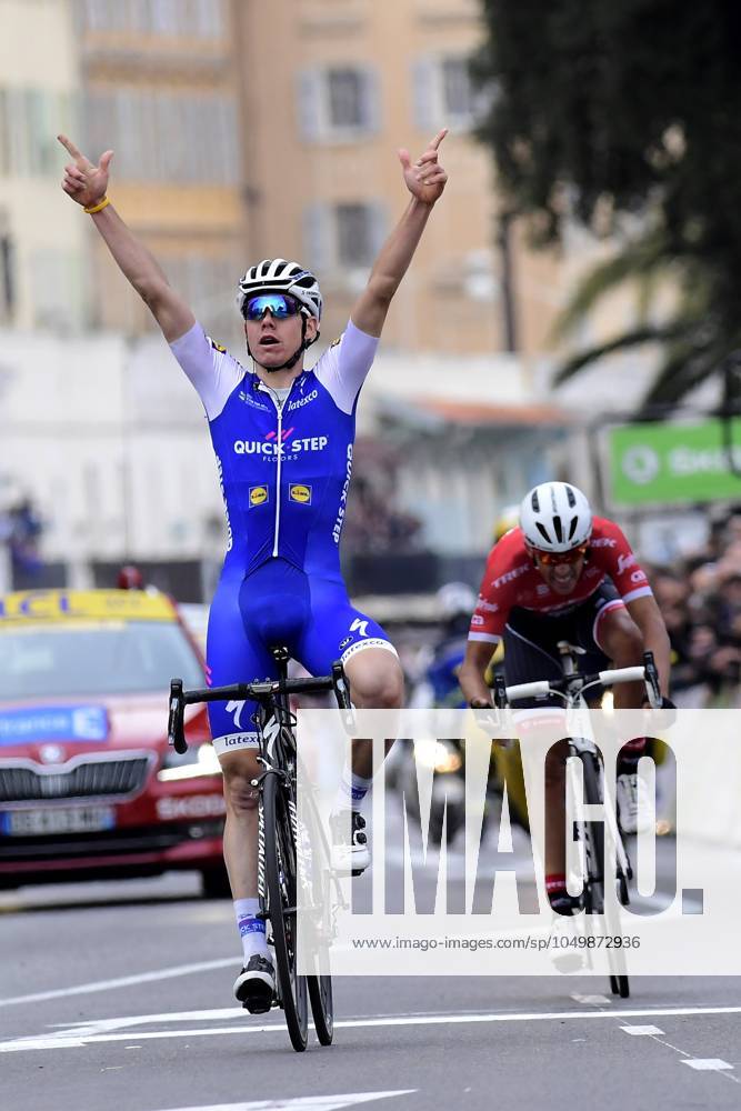 Paris - Nice 2017 - stage 8 NICE, FRANCE - MARCH 12 : DE LA CRUZ MELGAREJO David (ESP) Rider of Quick-Step Floors Cycling team celebrates winning in front of CONTADOR Alberto (ESP) Rider of Trek - Segafredo during stage 08 of the 75th edition of the Paris - Nice cycling race, a stage of 115,5 km with start and finish in Nice on March 12, 2017 in Nice, France, 12 03 2017 Nice France