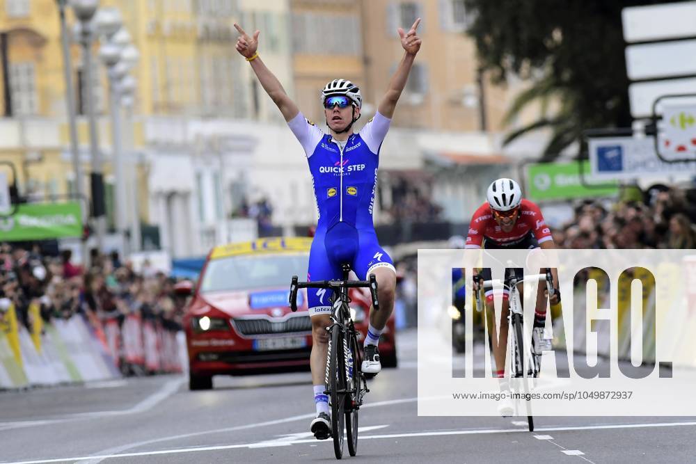 Paris - Nice 2017 - stage 8 NICE, FRANCE - MARCH 12 : DE LA CRUZ MELGAREJO David (ESP) Rider of Quick-Step Floors Cycling team celebrates winning in front of CONTADOR Alberto (ESP) Rider of Trek - Segafredo during stage 08 of the 75th edition of the Paris - Nice cycling race, a stage of 115,5 km with start and finish in Nice on March 12, 2017 in Nice, France, 12 03 2017 Nice France