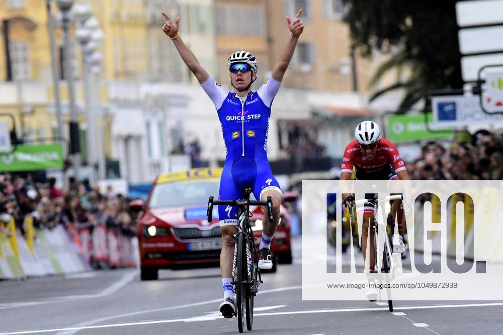 Paris - Nice 2017 - stage 8 NICE, FRANCE - MARCH 12 : DE LA CRUZ MELGAREJO David (ESP) Rider of Quick-Step Floors Cycling team celebrates winning in front of CONTADOR Alberto (ESP) Rider of Trek - Segafredo during stage 08 of the 75th edition of the Paris - Nice cycling race, a stage of 115,5 km with start and finish in Nice on March 12, 2017 in Nice, France, 12 03 2017 Nice France