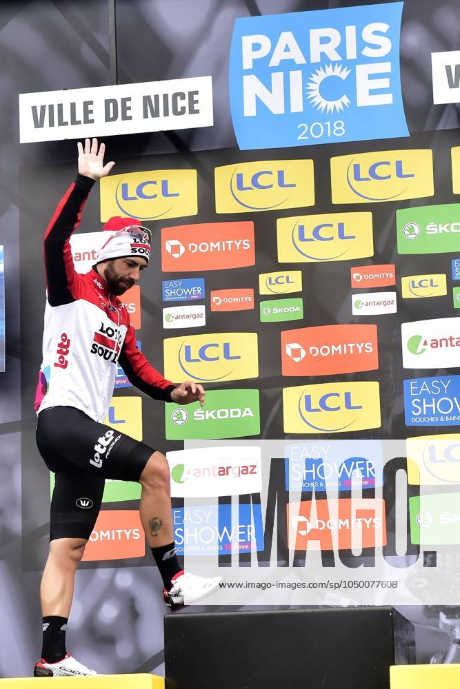 Paris-Nice 2018 stage 8 NICE, FRANCE - MARCH 11 : DE GENDT Thomas (BEL) of Lotto Soudal pictured with the polka dot jersey during the podium ceremony after stage 8 of the 2018 Paris - Nice cycling race with start and finish in Nice (110 km) on March 11, 2018 in Nice, France, 11 03 2018 Nice France
