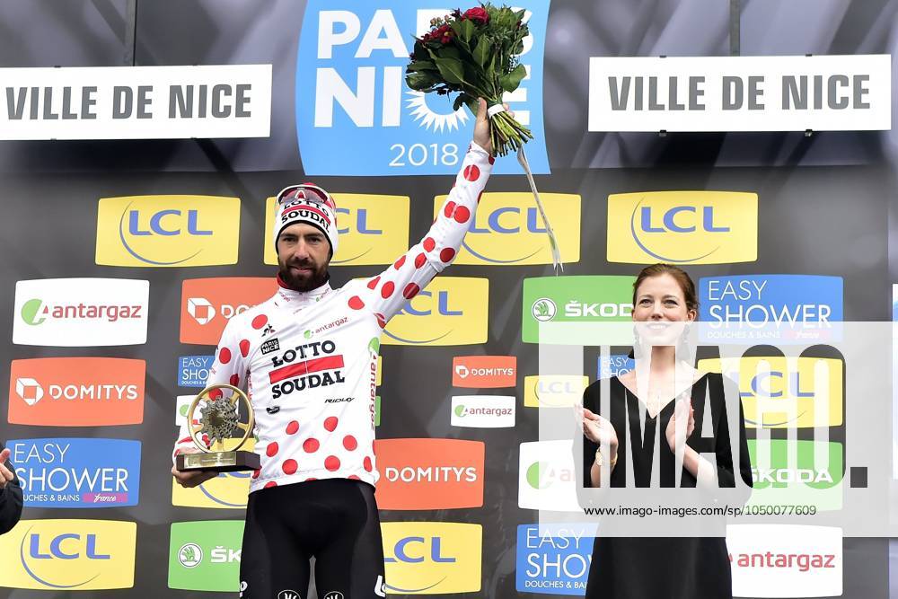 Paris-Nice 2018 stage 8 NICE, FRANCE - MARCH 11 : DE GENDT Thomas (BEL) of Lotto Soudal pictured with the polka dot jersey during the podium ceremony after stage 8 of the 2018 Paris - Nice cycling race with start and finish in Nice (110 km) on March 11, 2018 in Nice, France, 11 03 2018 Nice France