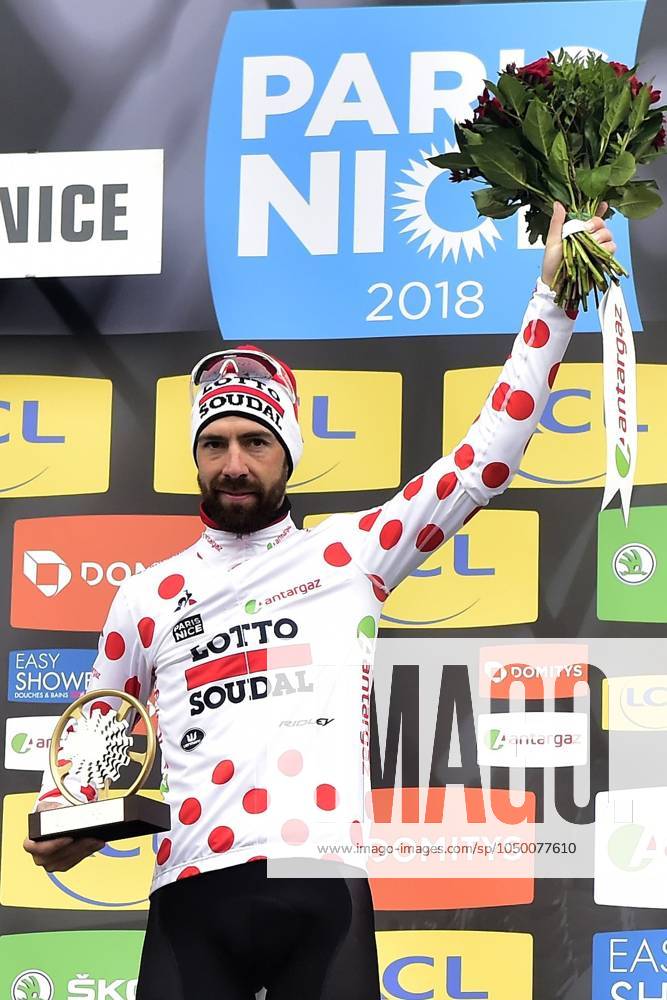 Paris-Nice 2018 stage 8 NICE, FRANCE - MARCH 11 : DE GENDT Thomas (BEL) of Lotto Soudal pictured with the polka dot jersey during the podium ceremony after stage 8 of the 2018 Paris - Nice cycling race with start and finish in Nice (110 km) on March 11, 2018 in Nice, France, 11 03 2018 Nice France