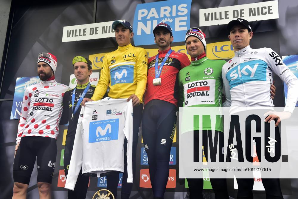 Paris-Nice 2018 stage 8 NICE, FRANCE - MARCH 11 : DE GENDT Thomas (BEL) of Lotto Soudal, WELLENS Tim (BEL) of Lotto Soudal, IZAGIRRE INSAUSTI Gorka (ESP) of Bahrain - Merida, SOLER Marc (ESP) of Movistar Team and YATES Simon (GBR) of Mitchelton - Scott pictured during the podium ceremony after stage 8 of the 2018 Paris - Nice cycling race with start and finish in Nice (110 km) on March 11, 2018 in Nice, France, 11 03 2018 Nice France
