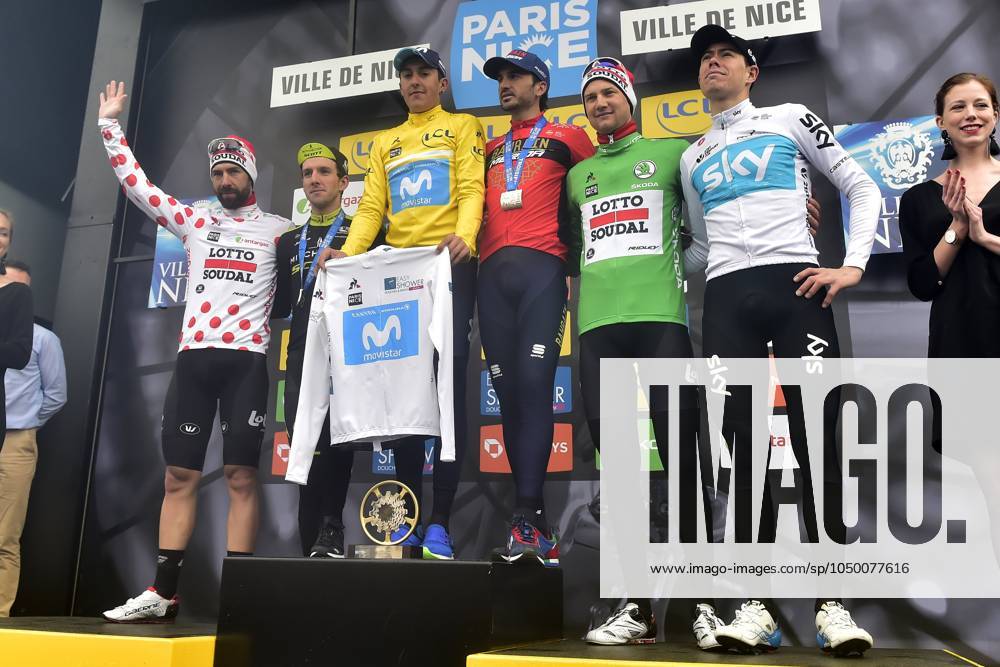 Paris-Nice 2018 stage 8 NICE, FRANCE - MARCH 11 : DE GENDT Thomas (BEL) of Lotto Soudal, WELLENS Tim (BEL) of Lotto Soudal, IZAGIRRE INSAUSTI Gorka (ESP) of Bahrain - Merida, SOLER Marc (ESP) of Movistar Team and YATES Simon (GBR) of Mitchelton - Scott pictured during the podium ceremony after stage 8 of the 2018 Paris - Nice cycling race with start and finish in Nice (110 km) on March 11, 2018 in Nice, France, 11 03 2018 Nice France