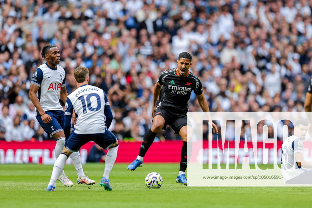 Tottenham Hotspur v Arsenal Premier League 15 09 2024. William Saliba (2) of Arsenal reacts during the Premier League match between Tottenham Hotspur and Arsenal at Tottenham Hotspur Stadium, London, United Kingdom on 15 September 2024. Editorial use only DataCo restrictions apply See www.football-dataco.com ,