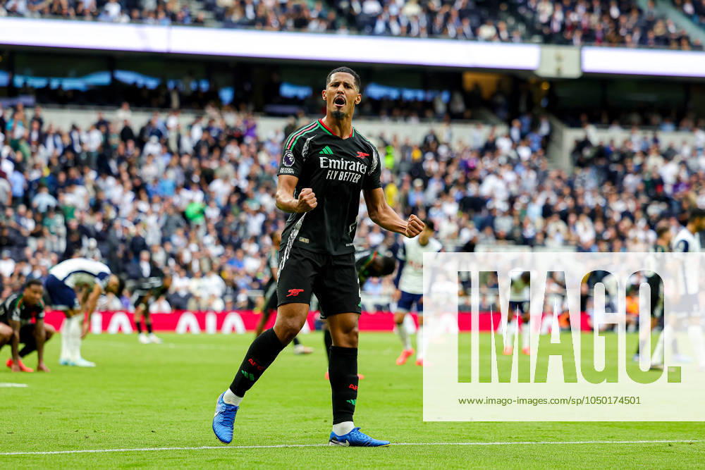 Tottenham Hotspur v Arsenal Premier League 15 09 2024. William Saliba (2) of Arsenal celebrates at full time during the Premier League match between Tottenham Hotspur and Arsenal at Tottenham Hotspur Stadium, London, United Kingdom on 15 September 2024. Editorial use only DataCo restrictions apply See www.football-dataco.com ,
