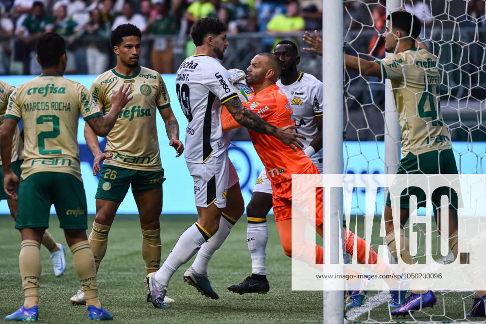 Tobias Figueiredo, player of Criciuma and Weverton player of Palmeiras fight for the ball, during the game between Palmeiras and Criciuma at Allianz Parque in Sao Paulo, Brazil, the match is valid for the Brazilian Championship Series A (Roberto Casimiro SPP)