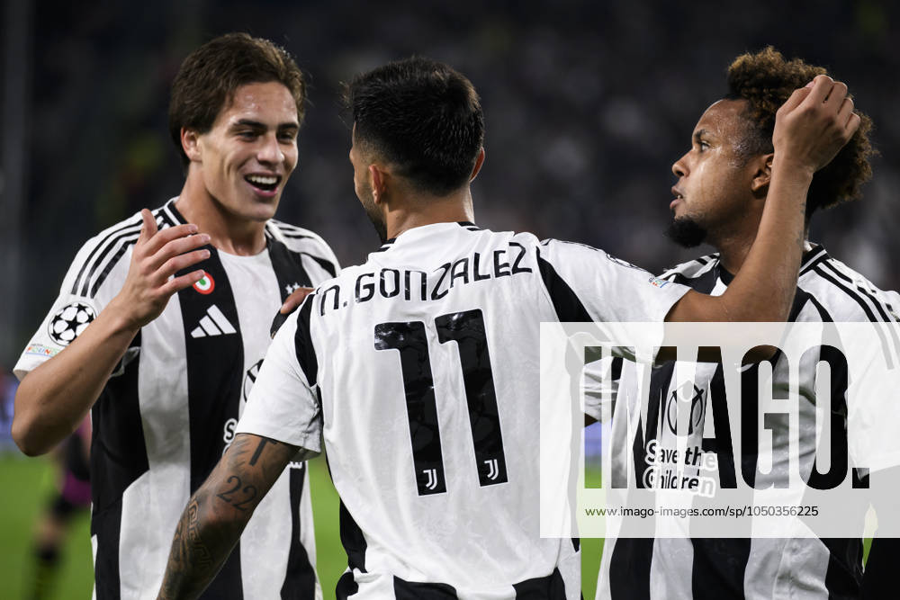 Juventus FC v PSV Eindhoven - UEFA Champions League Nicolas Gonzalez of Juventus FC celebrates with Kenan Yildiz and Weston McKennie of Juventus FC after scoring a goal during the UEFA Champions League football match between Juventus FC and PSV Eindhoven. Turin Italy
