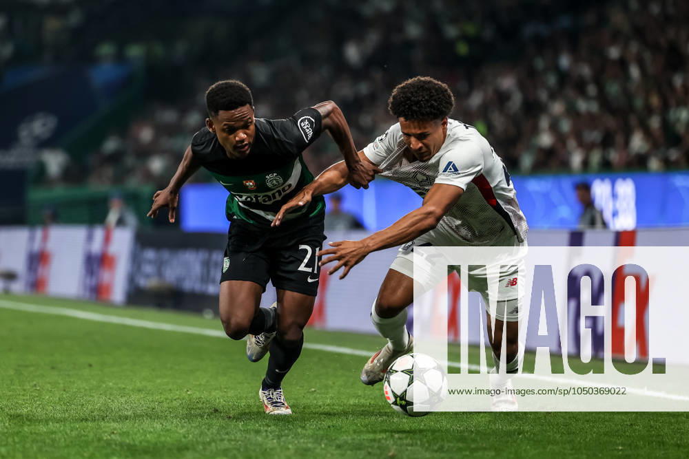 Lisbon, Portugal, September 17th, 2024: Geny Catamo (21 Sporting CP) and Tiago Santos (22 Lille) in action during the UEFA Champions League game between Sporting CP v Lille at Estadio Jose Alvalade, Lisbon, Portugal (Joao Bravo SPP)