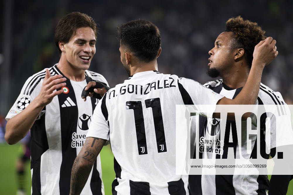 Juventus FC v PSV Eindhoven - UEFA Champions League Nicolas Gonzalez of Juventus FC celebrates with Kenan Yildiz and Weston McKennie of Juventus FC after scoring a goal during the UEFA Champions League football match between Juventus FC and PSV Eindhoven. Turin Italy
