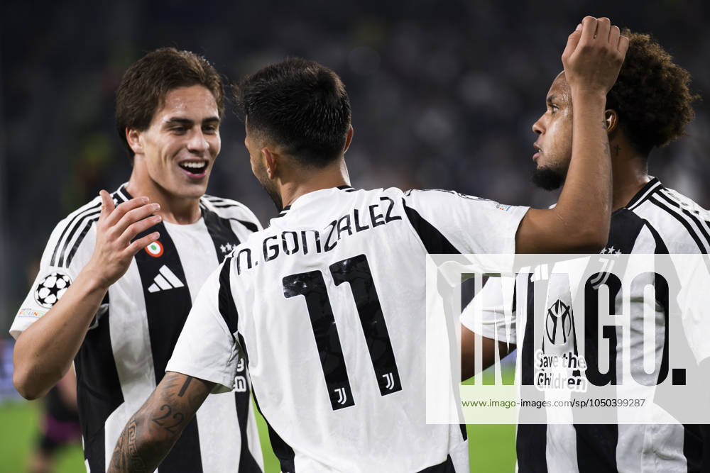 Juventus FC v PSV Eindhoven - UEFA Champions League Nicolas Gonzalez of Juventus FC celebrates with Kenan Yildiz and Weston McKennie of Juventus FC after scoring a goal during the UEFA Champions League football match between Juventus FC and PSV Eindhoven. Turin Italy