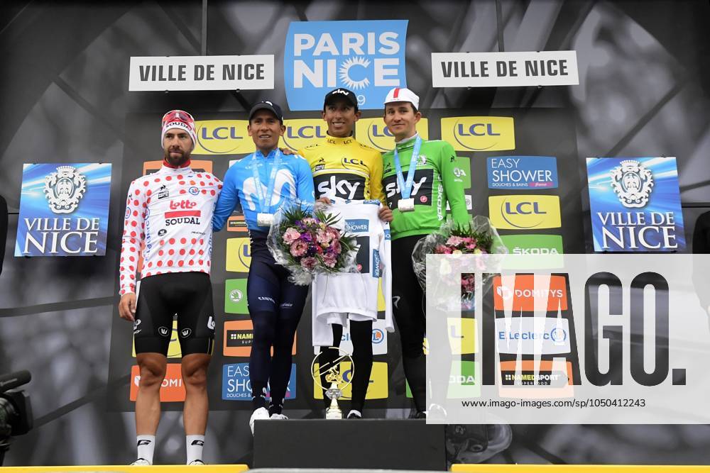 Paris-Nice 2019 - stage 8 NICE, FRANCE - MARCH 17 : DE GENDT Thomas (BEL) of LOTTO SOUDAL, QUINTANA Nairo (COL) of MOVISTAR TEAM, BERNAL GOMEZ Egan Arley (COL) of TEAM SKY and KWIATKOWSKI Michal (POL) of TEAM SKY pictured during the final podium ceremony after stage 8 of the 2019 Paris - Nice cycling race with start and finish in Nice (110 km) on March 17, 2019 in Nice, France, 17 03 2019 Nice France