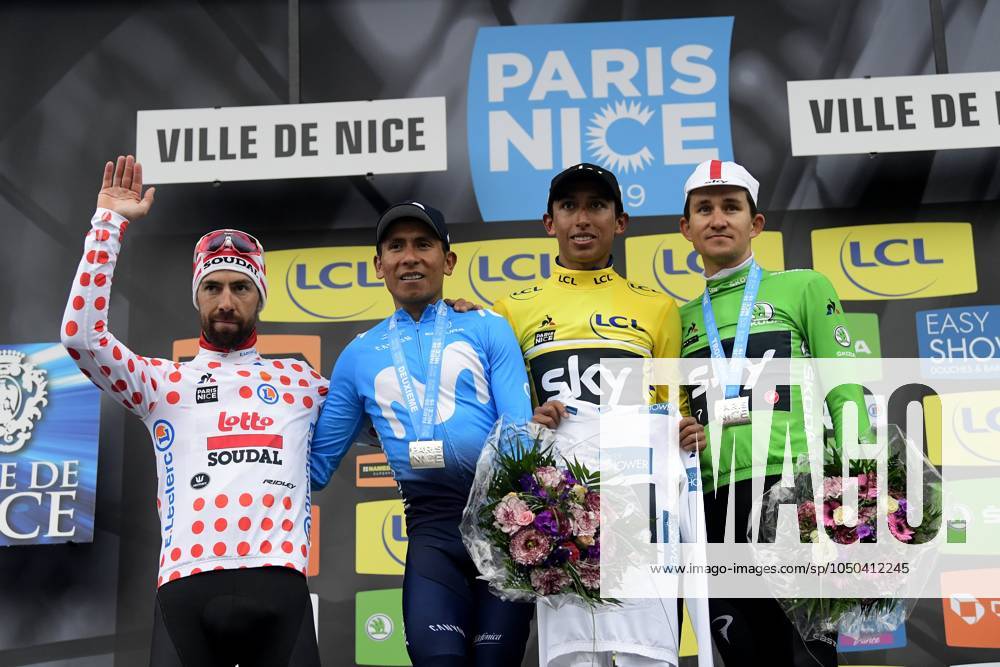Paris-Nice 2019 - stage 8 NICE, FRANCE - MARCH 17 : DE GENDT Thomas (BEL) of LOTTO SOUDAL, QUINTANA Nairo (COL) of MOVISTAR TEAM, BERNAL GOMEZ Egan Arley (COL) of TEAM SKY and KWIATKOWSKI Michal (POL) of TEAM SKY pictured during the final podium ceremony after stage 8 of the 2019 Paris - Nice cycling race with start and finish in Nice (110 km) on March 17, 2019 in Nice, France, 17 03 2019 Nice France