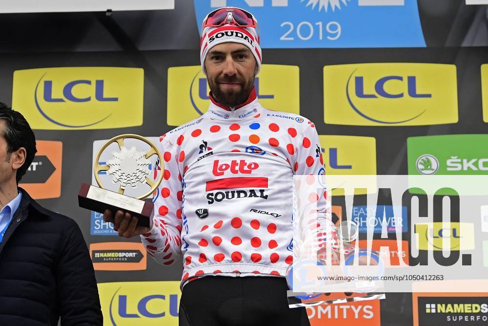 Paris-Nice 2019 - stage 8 NICE, FRANCE - MARCH 17 : DE GENDT Thomas (BEL) of LOTTO SOUDAL pictured with the polka dot jersey during the final podium ceremony after stage 8 of the 2019 Paris - Nice cycling race with start and finish in Nice (110 km) on March 17, 2019 in Nice, France, 17 03 2019 Nice France