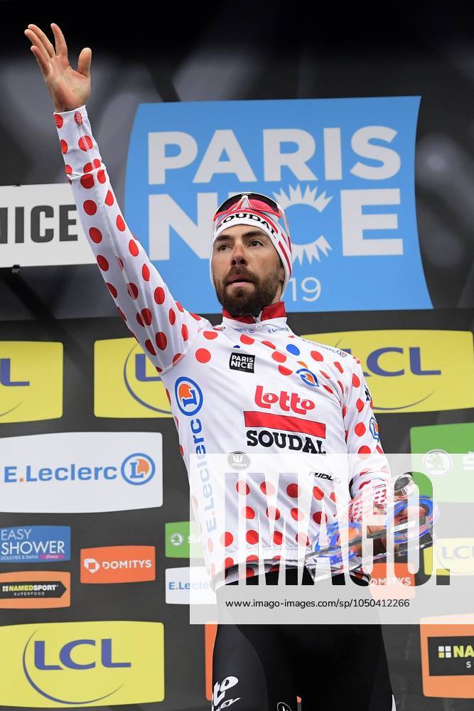 Paris-Nice 2019 - stage 8 NICE, FRANCE - MARCH 17 : DE GENDT Thomas (BEL) of LOTTO SOUDAL pictured with the polka dot jersey during the final podium ceremony after stage 8 of the 2019 Paris - Nice cycling race with start and finish in Nice (110 km) on March 17, 2019 in Nice, France, 17 03 2019 Nice France