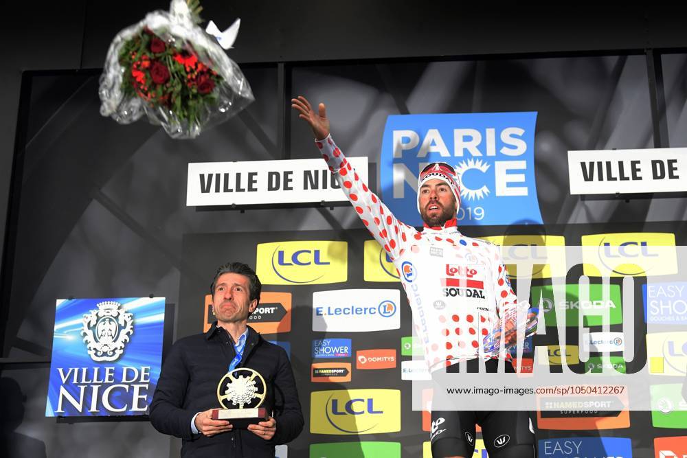 Paris-Nice 2019 - stage 8 NICE, FRANCE - MARCH 17 : DE GENDT Thomas (BEL) of LOTTO SOUDAL pictured with the polka dot jersey during the final podium ceremony after stage 8 of the 2019 Paris - Nice cycling race with start and finish in Nice (110 km) on March 17, 2019 in Nice, France, 17 03 2019 Nice France