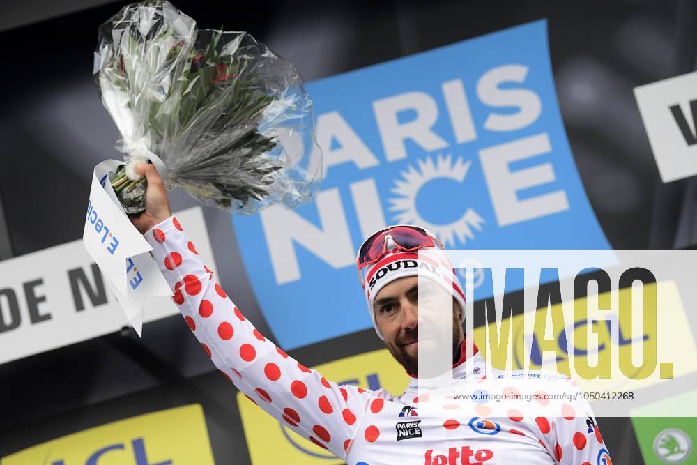 Paris-Nice 2019 - stage 8 NICE, FRANCE - MARCH 17 : DE GENDT Thomas (BEL) of LOTTO SOUDAL pictured with the polka dot jersey during the final podium ceremony after stage 8 of the 2019 Paris - Nice cycling race with start and finish in Nice (110 km) on March 17, 2019 in Nice, France, 17 03 2019 Nice France