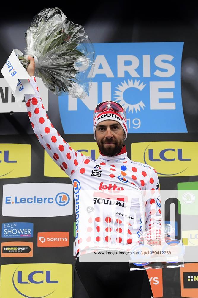 Paris-Nice 2019 - stage 8 NICE, FRANCE - MARCH 17 : DE GENDT Thomas (BEL) of LOTTO SOUDAL pictured with the polka dot jersey during the final podium ceremony after stage 8 of the 2019 Paris - Nice cycling race with start and finish in Nice (110 km) on March 17, 2019 in Nice, France, 17 03 2019 Nice France