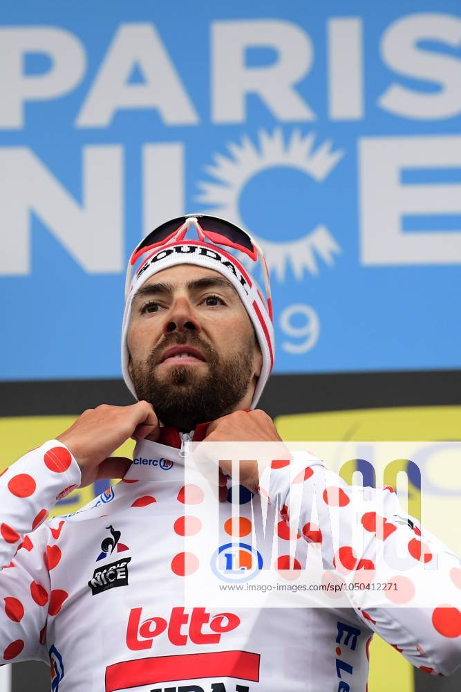 Paris-Nice 2019 - stage 8 NICE, FRANCE - MARCH 17 : DE GENDT Thomas (BEL) of LOTTO SOUDAL pictured with the polka dot jersey during the final podium ceremony after stage 8 of the 2019 Paris - Nice cycling race with start and finish in Nice (110 km) on March 17, 2019 in Nice, France, 17 03 2019 Nice France