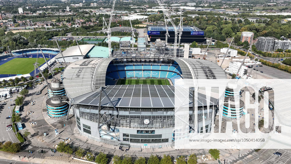 UEFA Champions League league stage Manchester City v Inter Milan An aerial view of the Etihad Stadium and the constriction of the new stand during the UEFA Champions League league stage match Manchester City vs Inter Milan at Etihad Stadium, Manchester, United Kingdom, 18th September 2024 (Photo by Mark Cosgrove News Images) Manchester Etihad Stadium Manchester United, ManU Kingdom