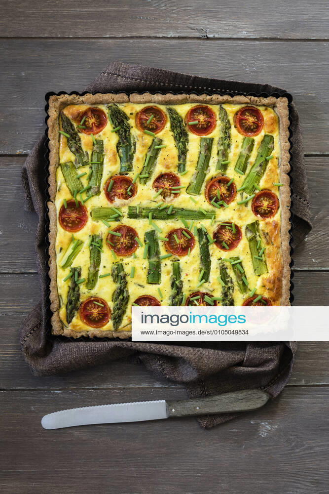 Gluten free vegetarian buckwheat quiche with tomatoes, asparagus and chive EVGF03678