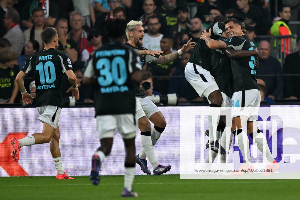Rotterdam, De Kuip, 19 09 24, GER, Men, UEFA Champions League, Season 2024 2025, Feyenoord Rotterdam Bayer 04 Leverkusen Picture Edmond TAPSOBA Leverkusen cheers after his goal to 0 4 Only for editorial use UEFA regulations prohibit any use of photographs as image sequences and or quasi video Suedholland Netherlands