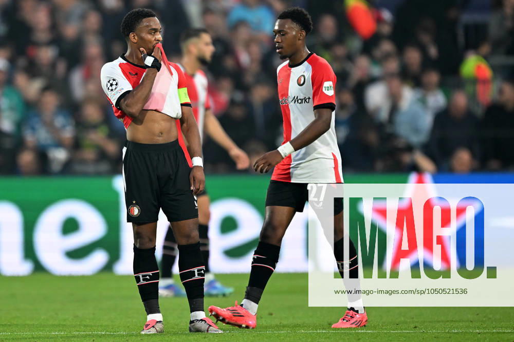 Rotterdam, De Kuip, 19 09 24, GER, Men, UEFA Champions League, Season 2024 2025, Feyenoord Rotterdam Bayer 04 Leverkusen Picture from left Quinten TIMBER Feyenoord and Antoni MILAMBO Feyenoord unhappy after the goal to 0 4 Only for editorial use UEFA regulations prohibit any use of photographs as image sequences and or quasi video Suedholland Netherlands