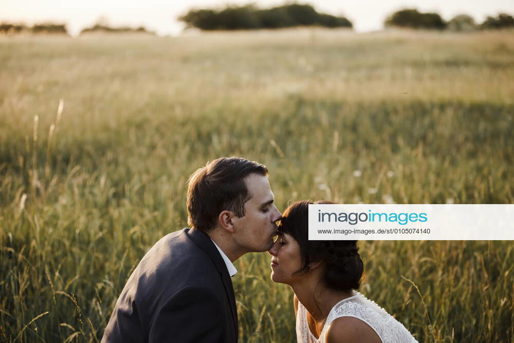 Bridegroom kissing on forehead of bride at field during sunset model released Symbolfoto SAJF00063