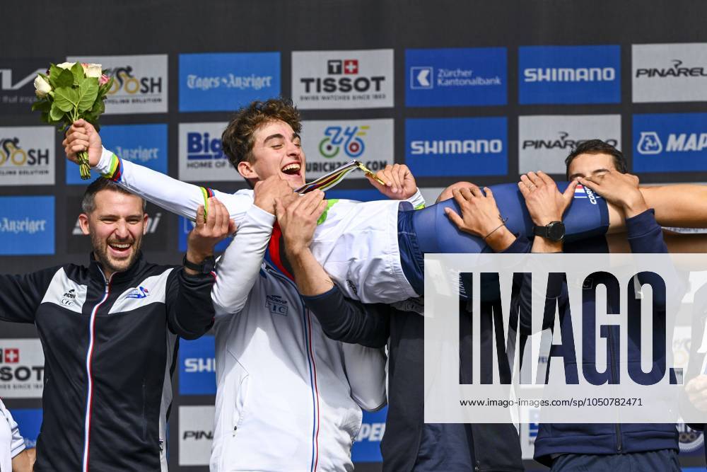 KW39 UCI Road World Championships Zurich 23-09-24 Zurich, Switzerland - September 23 : Seixas Paul (FRA) celebrating his victory on the podium during the Men Junior Individual Time Trial of the UCI 2024 Road World Championships cycling race on September 23, 2024 in Zurich, Switzerland, 23-09-24 Zurich Switzerland