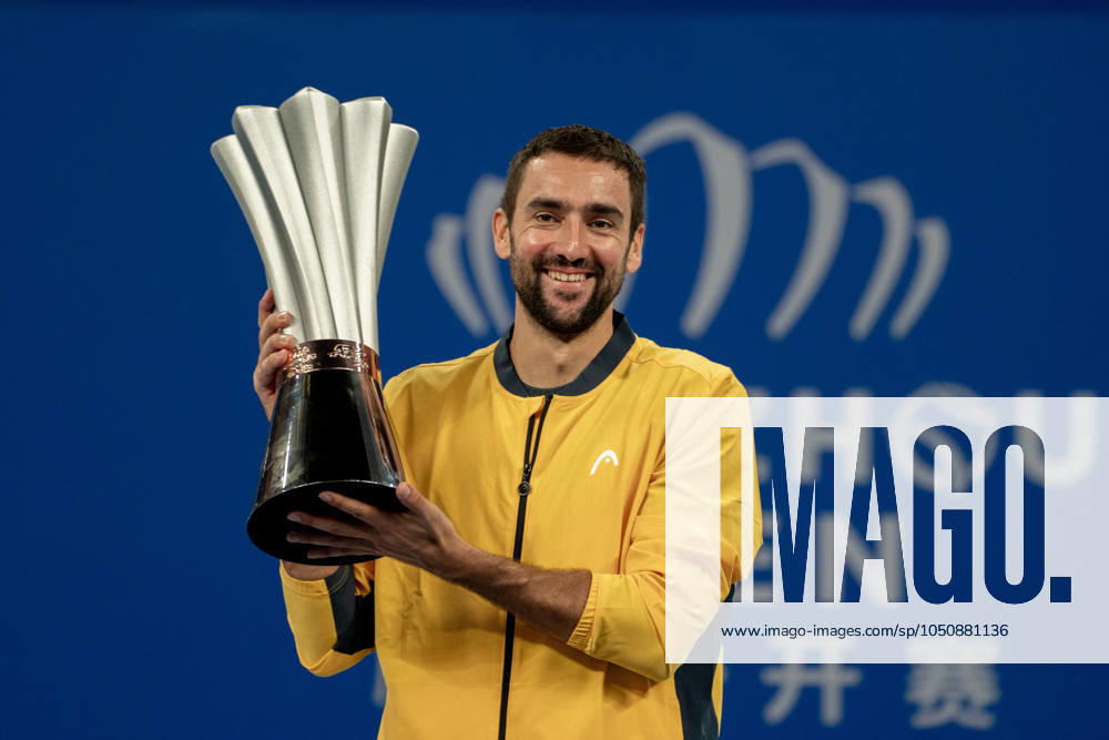 KW39 HANGZHOU, CHINA - SEPTEMBER 24: Champion Marin Cilic of Croatia poses with trophy after winning the Men s Singles Final match against Zhang Zhizhen of China on day 7 of 2024 Hangzhou Open at the Hangzhou Olympic Sports Expo Center on September 24, 2024 in Hangzhou, Zhejiang Province of China.