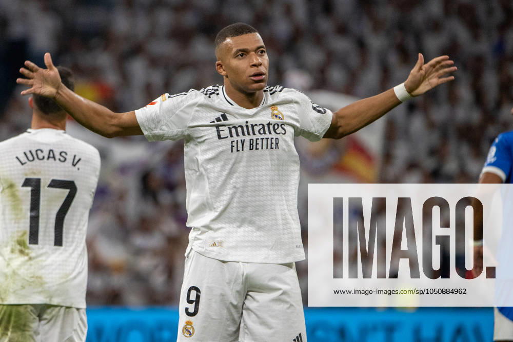 Real Madrid CF Vs Deportivo Alaves in Madrid, Spain - 24 Sept 2024 French footballer Kylian Mbappé celebrates a goal during the 2024 2025 La Liga EA Sports week 7 football match between Real Madrid CF and Deportivo Alaves at Santiago Bernabeu stadium. Final score: Real Madrid CF 3 :2 Deportivo Alaves Madrid Spain