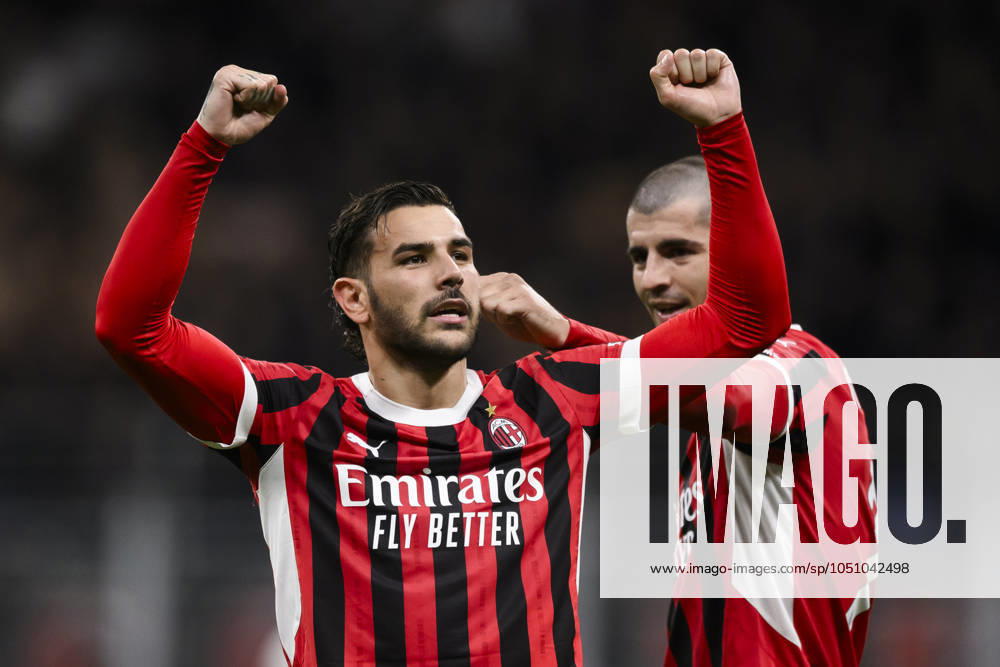 AC Milan v US Lecce - Serie A Theo Hernandez of AC Milan celebrates with Alvaro Morata of AC Milan after scoring a goal during the Serie A football match between AC Milan and US Lecce. Milan Italy