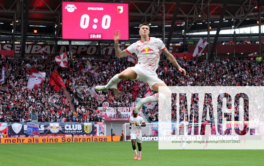 Benjamin Sesko cheers after 1 0 joy emotion jubilation Sport Football Soccer DFL Bundesliga Men 5 Matchday Season 2024 2025 28 09 2024 RasenBallsport RB Leipzig RBL vs FC Augsburg FCA at RedBull Arena DFL regulations prohibit any use of photographs as image sequences and or quasi video