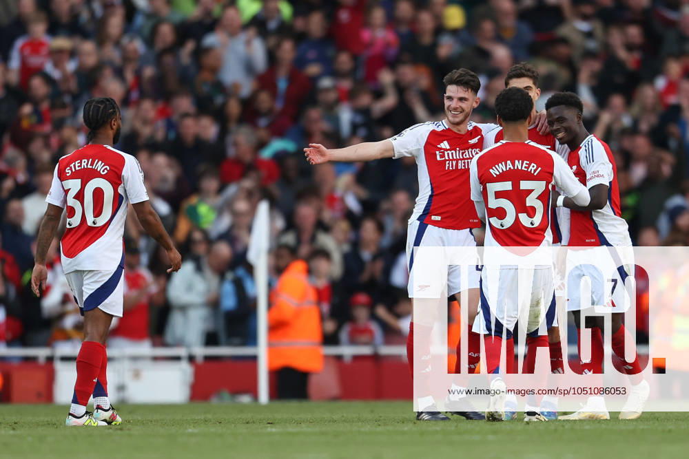 Arsenal FC v Leicester City FC Arsenal midfielder Declan Rice (41), Arsenal midfielder Ethan Nwaneri (53), Arsenal forward Raheem Sterling (30), Arsenal midfielder Bukayo Saka (7) and Arsenal midfielder Kai Havertz (29) celebrate Arsenals fourth goal during the Arsenal FC v Leicester City FC English Premier League match at the Emirates Stadium, London, England, United Kingdom on 28 September 2024 Editorial use only. All images are copyright Every Second Media Limited. No images may be reproduced without prior permission. All rights reserved. Premier League and Football League images are subject to licensing agreements with Football DataCo Limited. see https: www.football-dataco.com