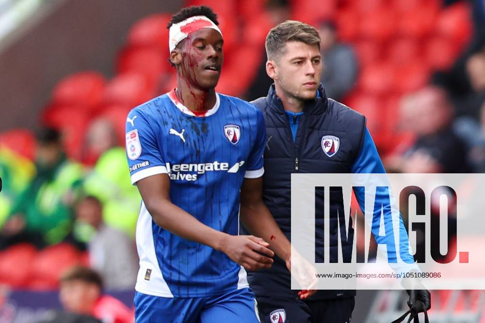 KW39 Harvey Araujo of Chesterfield leaves the pitch covered in blood after a head injury Doncaster Rovers v Chesterfield, EFL Sky Bet League Two, Football, Eco-Power Stadium, Doncaster, UK, 28 Sep 2024