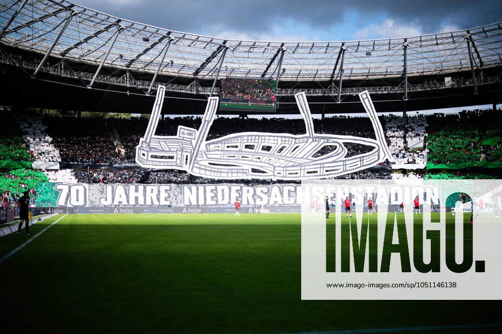 Football, 2024 2025, 2 Bundesliga, 7 Matchday, Hannover 96 1 FC Nürnberg Fans Hannover with a choreography 70 years Niedersachsenstadion DFL REGULATIONS PROHIBIT ANY USE OF PHOTOGRAPHS AS IMAGE SEQUENCES AND OR QUASI VIDEO
