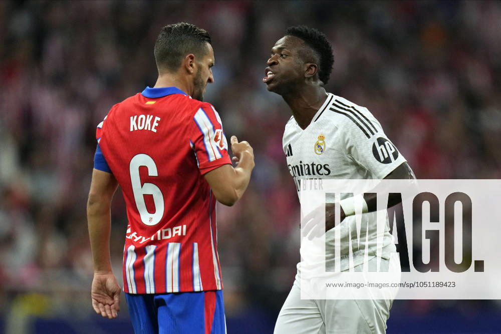 ESP: Atletico de Madrid - Real Madrid CF. La Liga EA Sports. Date 8 Vinicius Junior of Real Madrid CF and Koke Resurreccion of Atletico de Madrid during the La Liga EA Sports match between Atletico de Madrid and Real Madrid CF played at Civitas Metropolitano Stadium on September 29, 2024 in Madrid, Spain. kpng