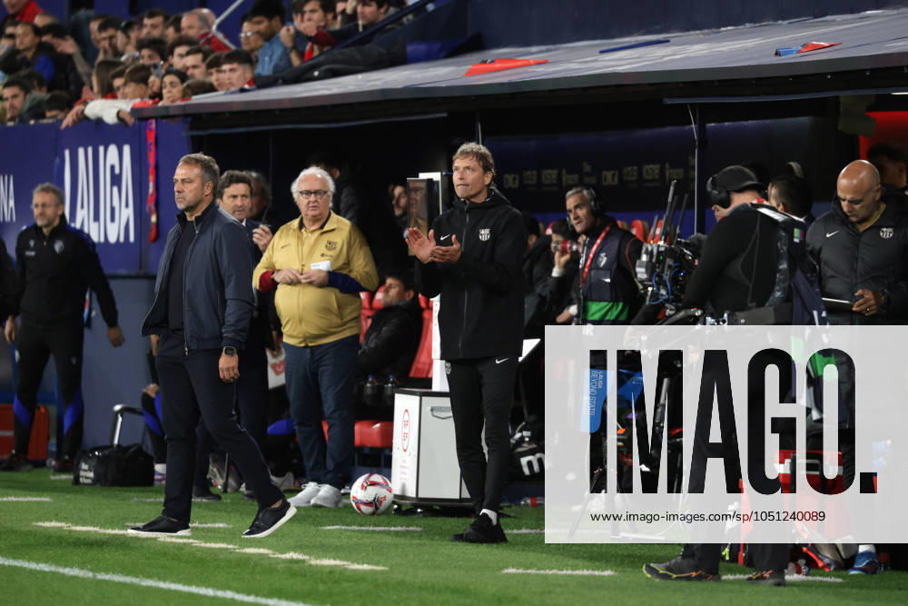 Spain - LaLiga EA Sports - CA Osasuna vs FC Barcelona, Barca - 28 09 2024 SPAIN, PAMPLONA, SEPTEMBER 28. Hansi Flick Head Coach of FC Barcelona and Marcus Sorg Assistant Coach of FC Barcelona (L to R)) during LaLiga EA Sports football match between CA Osasuna and FC Barcelona at Estadio El Sadar on September 28, 2024 in Pamplona, Spain. Photo by Manuel Blondeau AOP.Press Pamplona El Sadar Stadium Navarra Spain