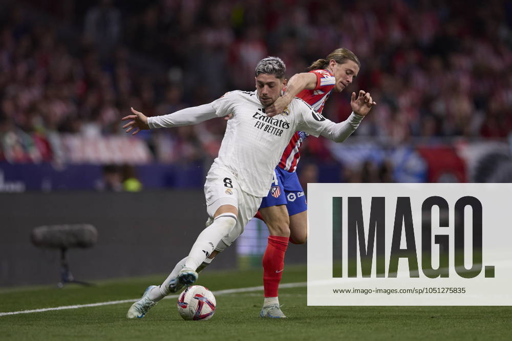 Federico Valverde Real Madrid CF and Conor Gallagher Atletico de Madrid battle for the ball during the LaLiga match between Atlà tico Madrid and Real Madrid at Civitas Metropolitano on September 29, 2024 in Madrid, Spain Photo by Manu Reino DeFodi Images Defodi 071 ATMRMC20240929 188 Defodi-071