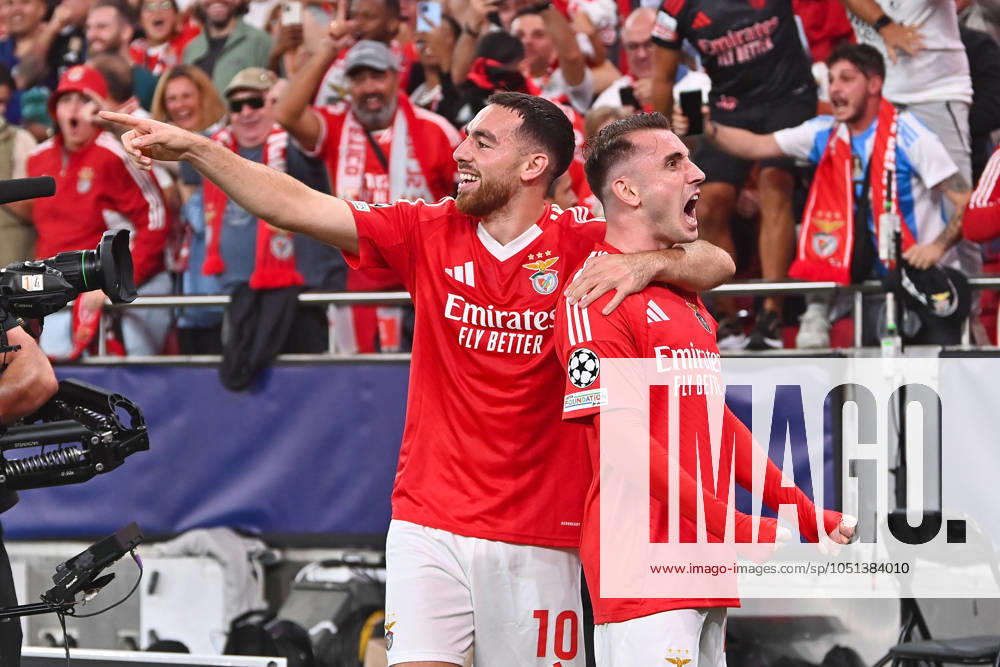 Portugal, Lisbon 2 October 2024 Uefa Champions League phase 2024 25 Matchday 2, S L Benfica Atletico de Madrid v l , Orkun Kokcu S L Benfica and Kerem Aktürkoglu S L Benfica Torjubel, Goal celebration, celebrate the goal