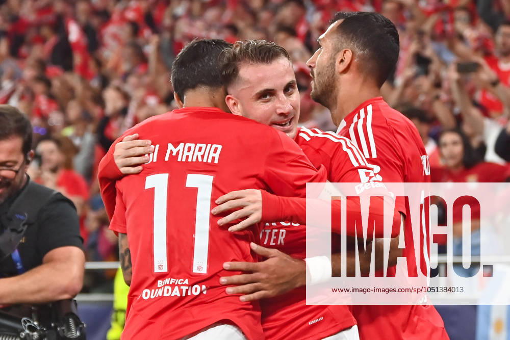 Portugal, Lisbon 2 October 2024 Uefa Champions League phase 2024 25 Matchday 2, S L Benfica Atletico de Madrid v l , Angel di Maria S L Benfica and Kerem Aktürkoglu S L Benfica , Vangelis Pavlidis S L Benfica Torjubel, Goal celebration, celebrate the goal