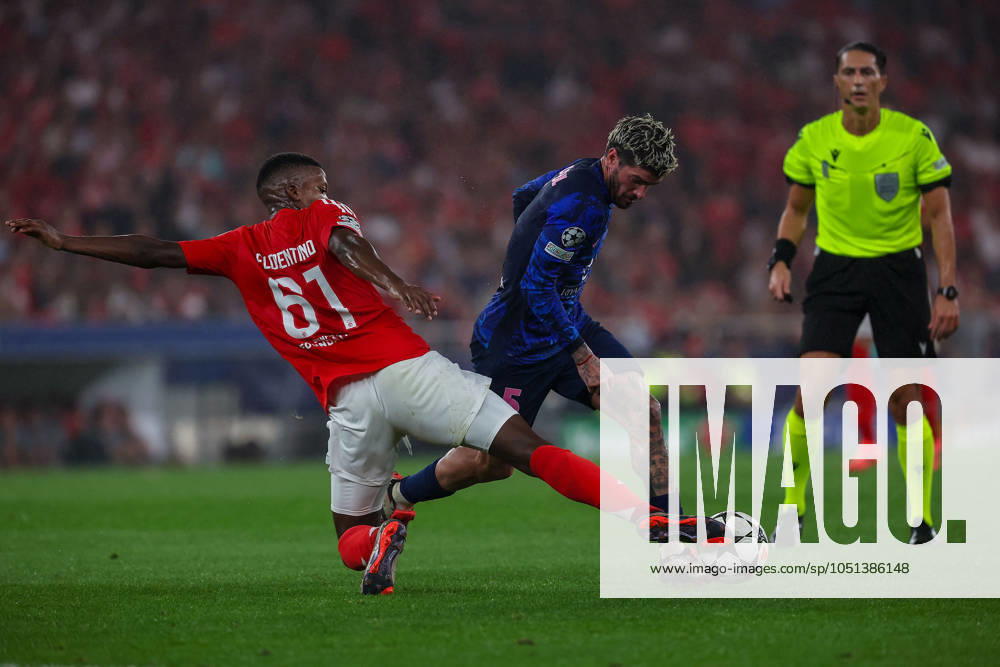 Portugal, Lisbon 2 October 2024 Uefa Champions League phase 2024 25 Matchday 2, S L Benfica Atletico de Madrid v l , Florentino Dias S L Benfica , Rodrigo de Paul Atlà tico Madrid , duel, action, action, Battles for the Ball