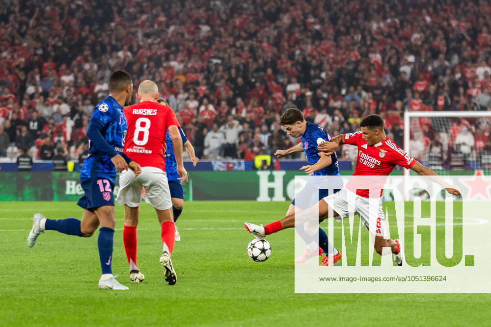 Alexander Bah (R) of SL Benfica and Julian Alvarez (R2) of Atletico Madrid seen in action during the UEFA Champions League football match between SL Benfica and Atletico Madrid at Estadio da Luz Stadium. Lisbon Portugal - ZUMAs197 20241002_aaa_s197_191