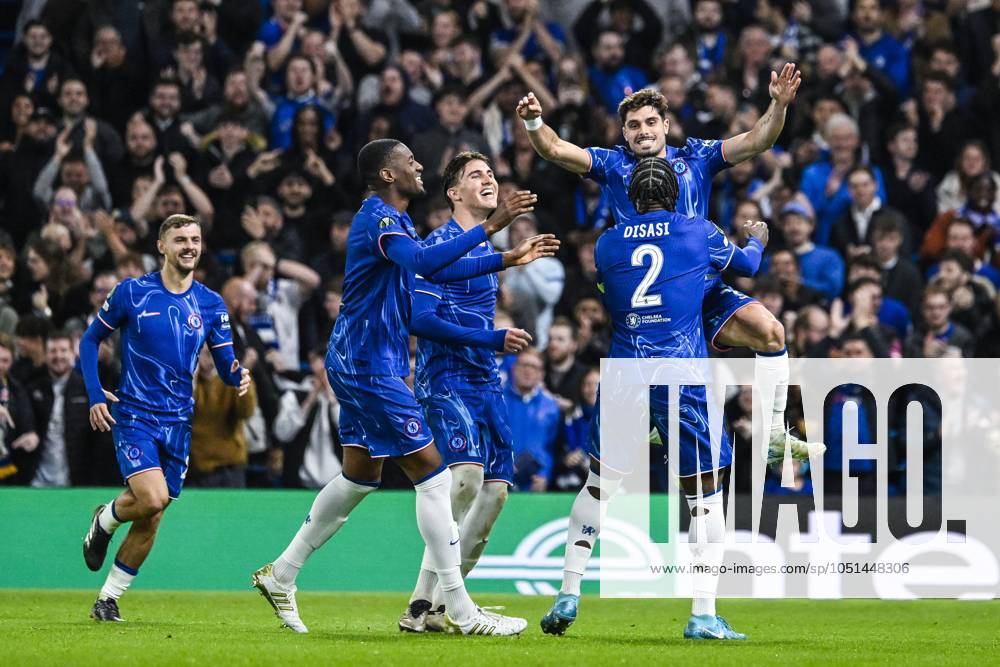 Chelsea s Pedro Neto celebrates after scoring during a soccer match between British team Chelsea FC and Belgian team KAA Gent, Thursday 03 October 2024 in London, for the opening day of the UEFA Conference League tournament. TOM GOYVAERTS TomxGoyvaerts x101881821x