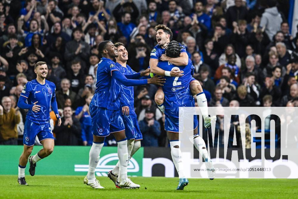 Chelsea s Pedro Neto celebrates after scoring during a soccer match between British team Chelsea FC and Belgian team KAA Gent, Thursday 03 October 2024 in London, for the opening day of the UEFA Conference League tournament. TOM GOYVAERTS TomxGoyvaerts x101881822x