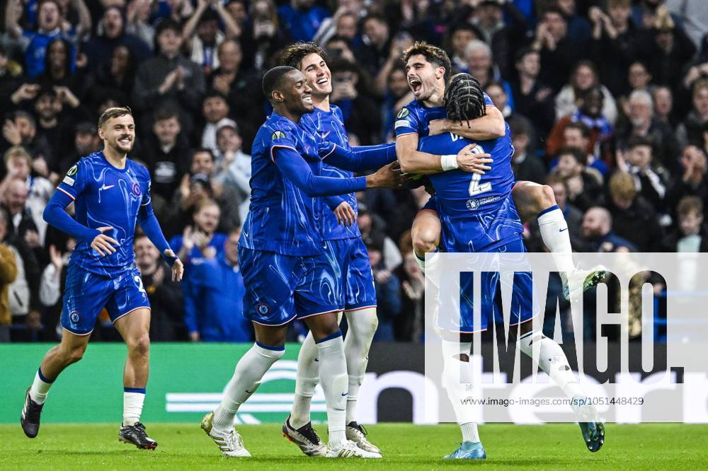 Chelsea s Pedro Neto celebrates after scoring during a soccer match between British team Chelsea FC and Belgian team KAA Gent, Thursday 03 October 2024 in London, for the opening day of the UEFA Conference League tournament. TOM GOYVAERTS TomxGoyvaerts x101881852x