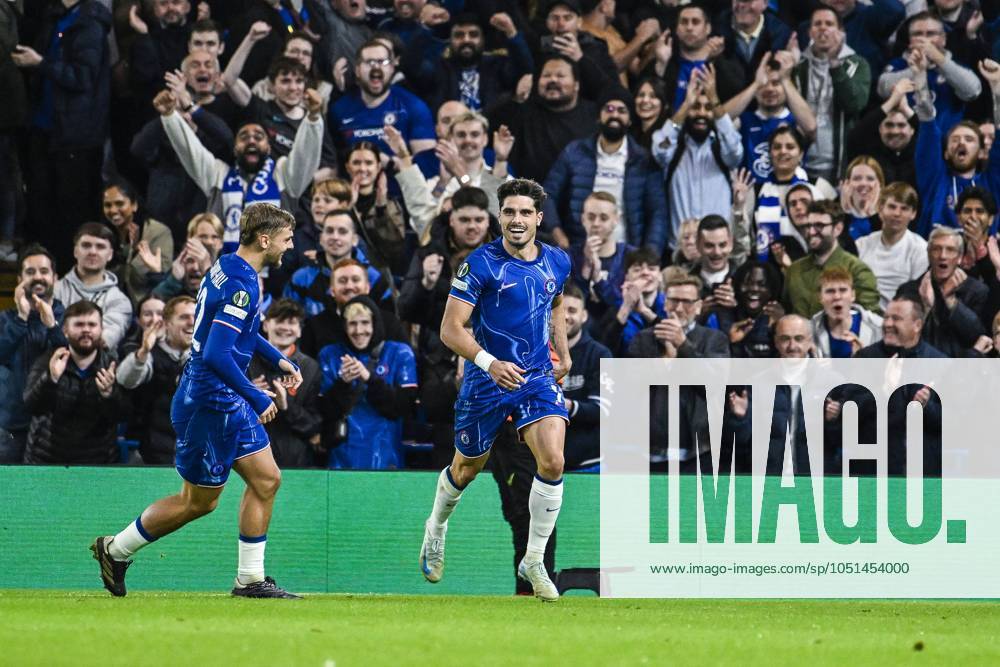 Chelsea s Pedro Neto celebrates after scoring during a soccer match between British team Chelsea FC and Belgian team KAA Gent, Thursday 03 October 2024 in London, for the opening day of the UEFA Conference League tournament. TOM GOYVAERTS TomxGoyvaerts x101886253x