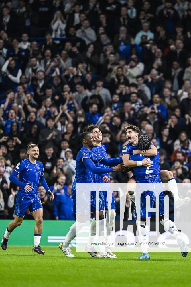 Chelsea s Pedro Neto celebrates after scoring during a soccer match between British team Chelsea FC and Belgian team KAA Gent, Thursday 03 October 2024 in London, for the opening day of the UEFA Conference League tournament. TOM GOYVAERTS TomxGoyvaerts x101886254x