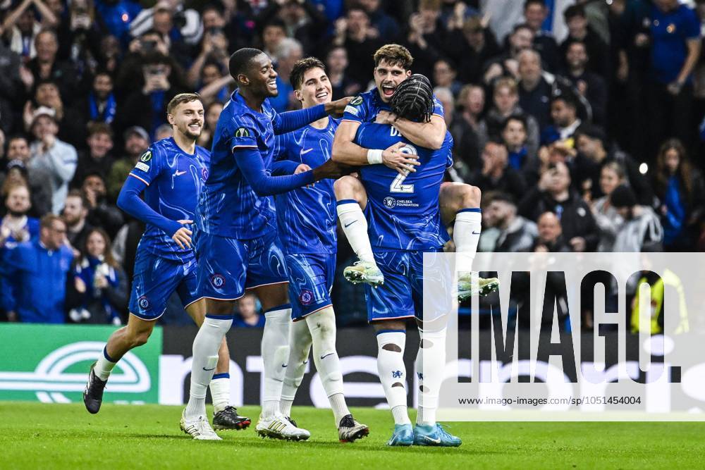 Chelsea s Pedro Neto celebrates after scoring during a soccer match between British team Chelsea FC and Belgian team KAA Gent, Thursday 03 October 2024 in London, for the opening day of the UEFA Conference League tournament. TOM GOYVAERTS TomxGoyvaerts x101886255x